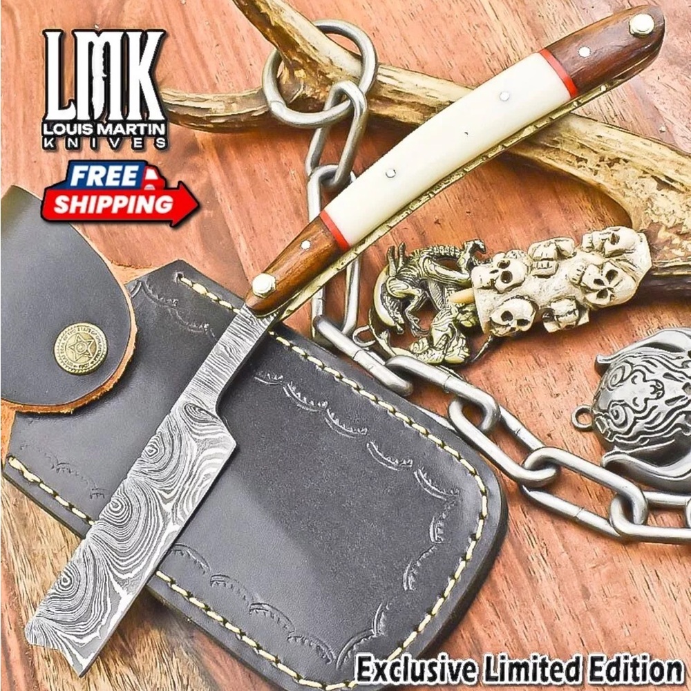 Damascus Steel Straight Razor Bone Handle